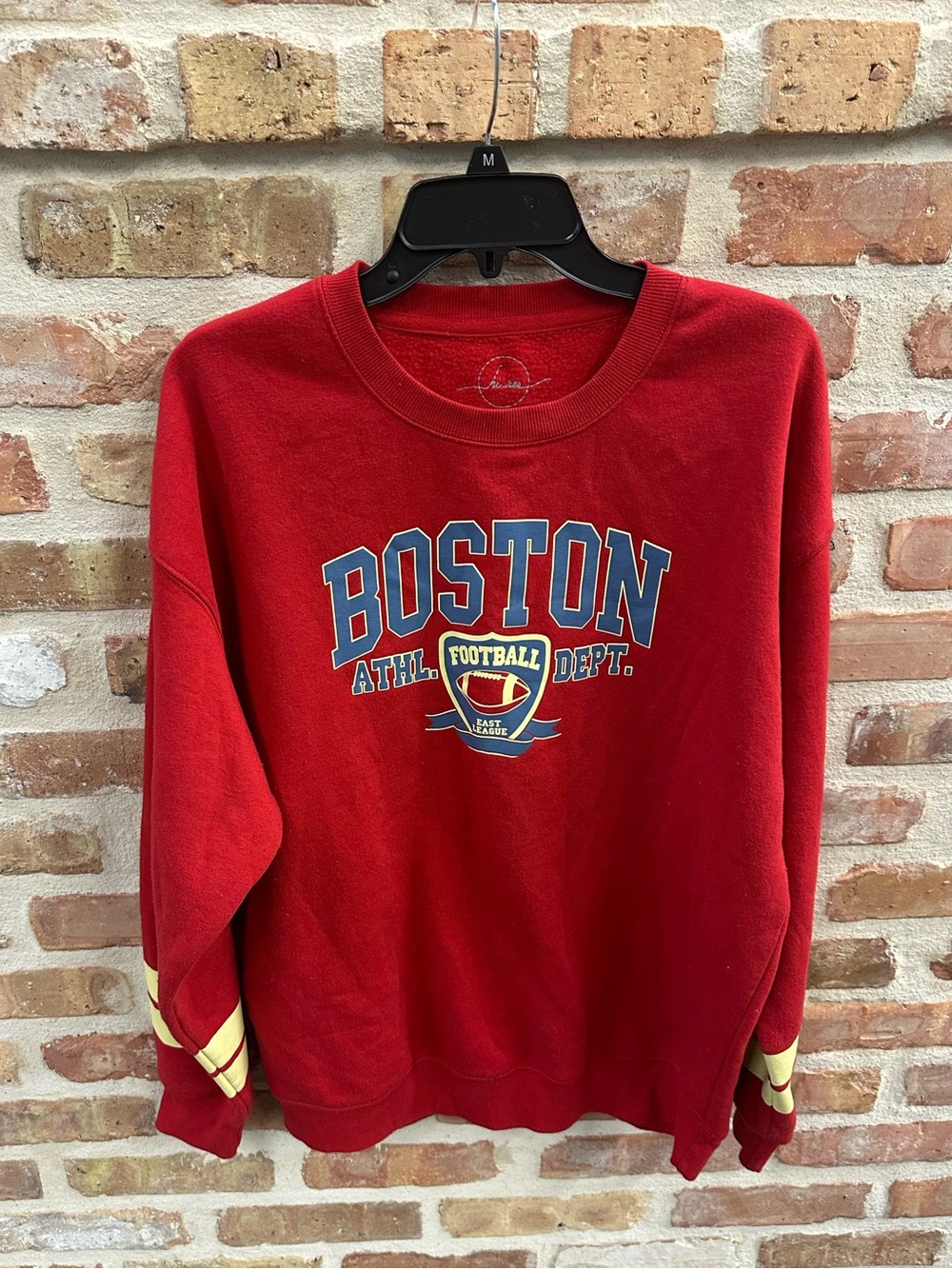 Red Crewneck Pullover with Yellow Sleeve Stripes